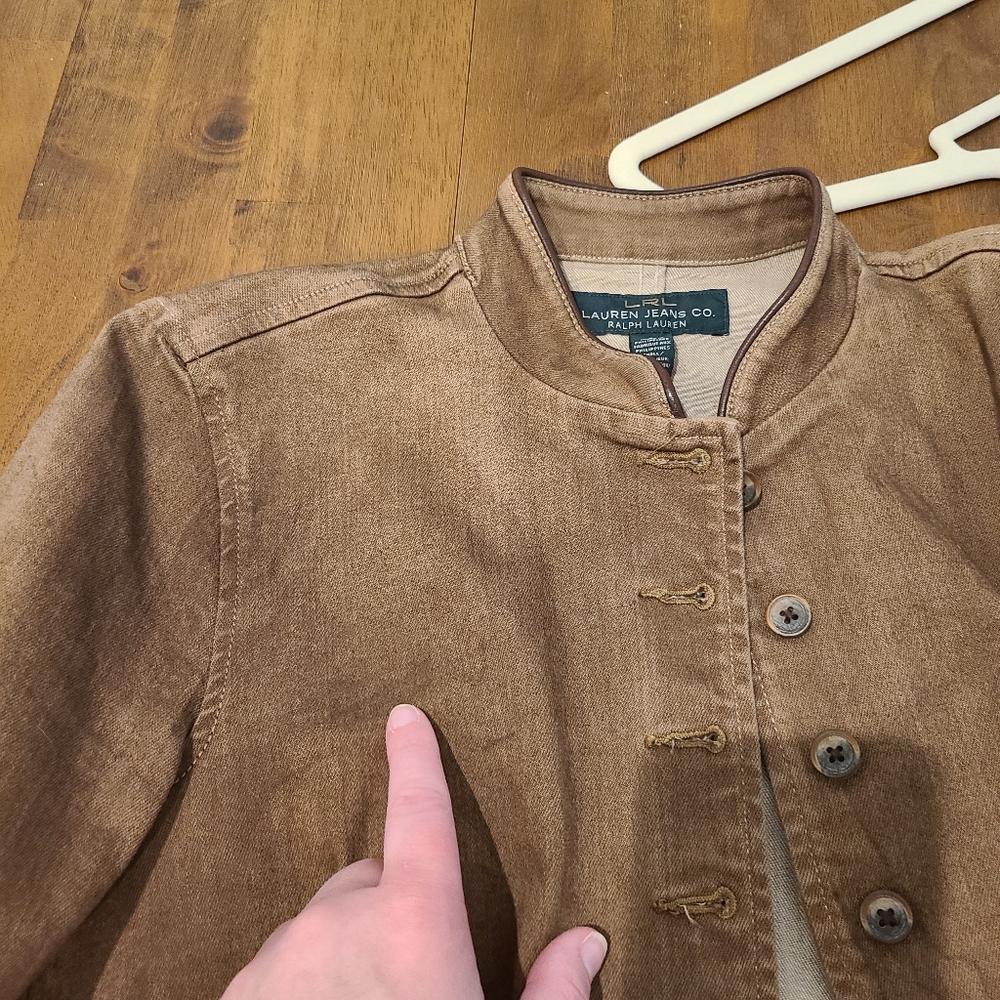 LRL Ralph Lauren Tan Button Down Military Style Sheep Leather Trim Jacket - Picture 14 of 14